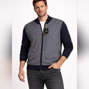 Hugo Boss Navy Blue Textured Full Zip Sweater Jacket | Size XL | Luxury Knit NWT